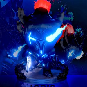 May include: A blue and black figurine of a character with glowing blue eyes and red hair. The figurine is standing on a black base with the word "IGRIS" written in white letters. The background is a dark blue and purple gradient.