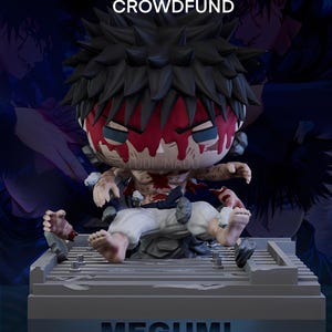 May include: A detailed figurine of a character with black spiky hair and red markings on the face. The figure is in a dynamic pose, with the word "MEGUMI" at the base. The image also includes the text "PATREON CROWDFUND".