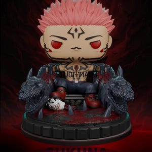 May include: A detailed figurine of a character with pink hair, red eyes, and facial markings, seated on a throne flanked by dragon-like figures. The base features the word "SUKUNA" and a fox logo.