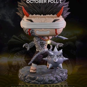 Puede incluir: Figura detallada de un personaje demoníaco con una venda en los ojos, cuernos rojos y tatuajes intrincados. La figura sostiene un arma con púas y se encuentra sobre una base rocosa. Se muestra el texto "PATREON OCTOBER POLL 1" y "DEMON GYOMEI".