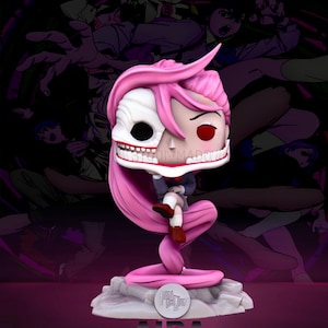 May include: A stylized figurine of a character with pink hair and a half-skull face. The figure is seated, with a long, flowing pink base. The base is on a gray platform with the name "AIRA" below. The background features a dark, animated scene.