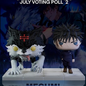 May include: A promotional image for a Patreon poll featuring two character figures. One is a black and white wolf-like creature with a red cross on its head. The other is a figure of a person in a dark blue uniform. Text includes "PATREON", "JULY VOTING POLL 2", and "MEGUMI".