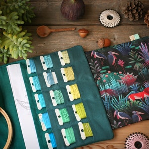 May include: A teal fabric embroidery kit with a floral pattern on the outside and a blank canvas, a hoop, and thread spools on the inside. The kit includes a variety of colored threads.