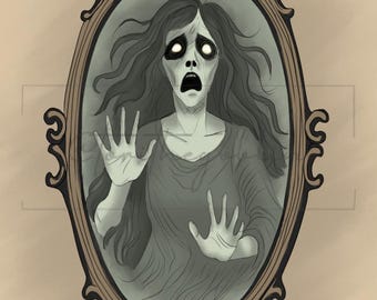 Haunted Mirror Ghost Art Print, Trapped Spirit Illustration (Digital Download)