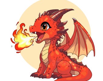 Kawaii Fire Dragon Print, Tiny Fantasy Chibi Art (Digital Download)