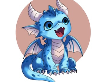 Kawaii Water Dragon Print, Tiny Fantasy Chibi Art (Digital Download)