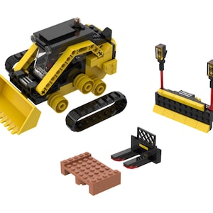 May include: A yellow and black toy construction vehicle with a front bucket, a separate black track, and additional accessories. The set includes a forklift, a brown platform, and a barrier with lights.
