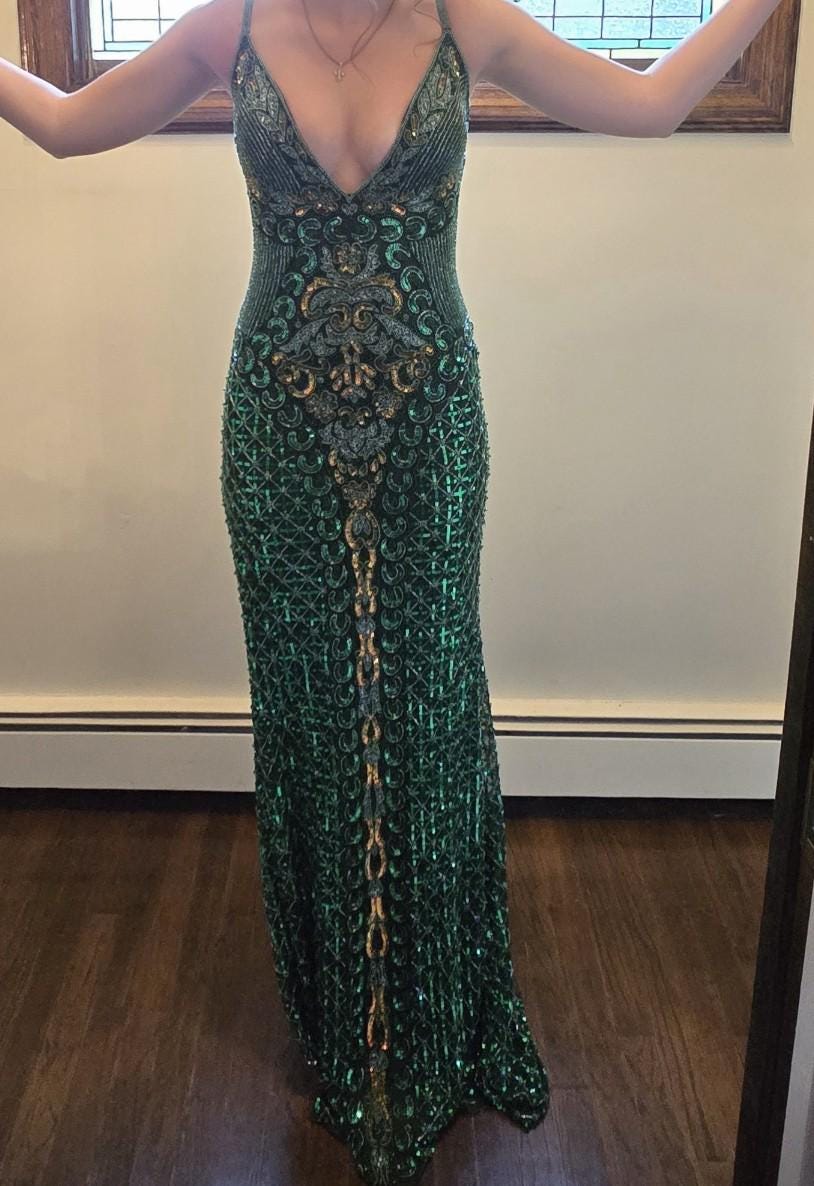 slim fit dress slacks Dark Green Sequin Plunge V Mermaid Long Prom Dress VK23121302 – Vickidress main image 0