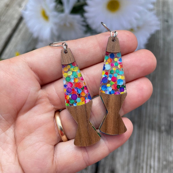 Lava Lamp Wood + Acrylic Dangle Earrings, Retro Jewelry Girlfriend Gift, Lightweight Hypoallergenic Earring Hooks