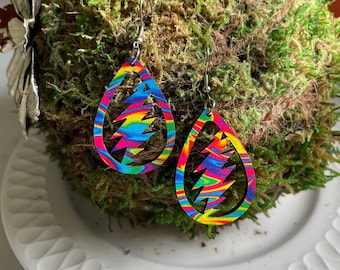 Psychedelic Swirls Laser Cut Earrings, Teardrop, Hippie, 13 Point Lightning Bolt, Music Inspired Colorful Dangle