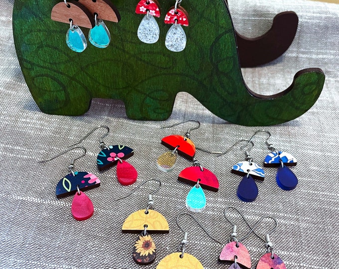 Featured listing image: Heather Mushroom Earrings Festival Jewelry Wooden Dangle Earrings, Lightweight Natural Wood and Acrylic with Hypoallergenic Earring Hooks