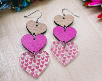 Graduated Trio Heart Earrings Valentines Day Love - pink cherry wood tiny heart printed acrylic