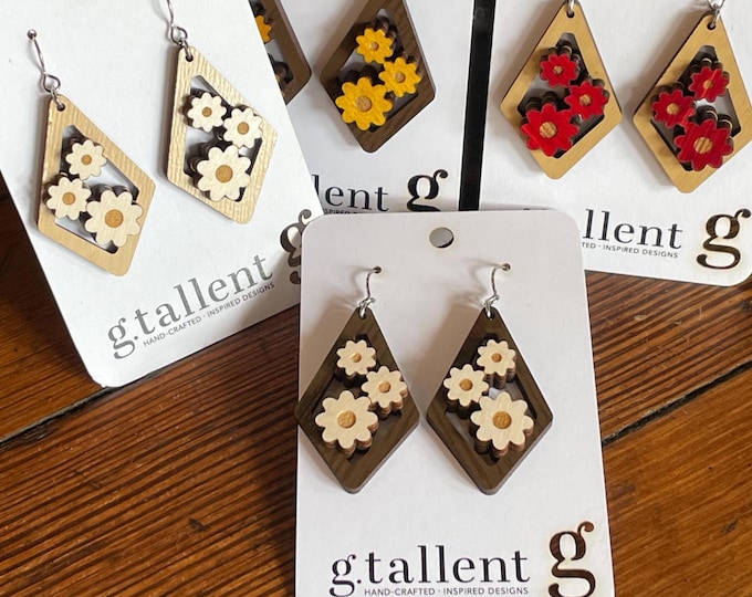 Featured listing image: Laser-Cut Daisy Trio Earrings – Eco-Friendly Birch Wood – Vibrant Wildflower Design in Red, Yellow, or White Flowers