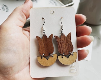 Wooden Tulip Spring Flower Laser-cut Dangle Earrings