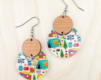 Camping Themed Acrylic Dangle Earrings, Jewelry, Fun, Girlfriend, Teacher Gift, Lightweight Hypoallergenic Earring Hooks