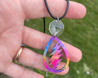 Bolt of Sunshine Necklace, Festival fashion, Hippie Style tie-dye bolt pendant with upcycled prism, 18-inch Black Cord