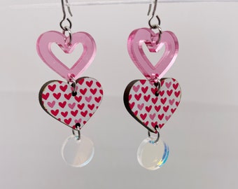 Sweet Heart Earrings Valentines Day Love - pink tiny heart iridescent