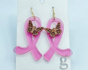 Hope Laser Cut Pink Acrylic Earrings with Wood Accent Breast Cancer Survivor Support Transparent Ribbon Engraved Butterfly