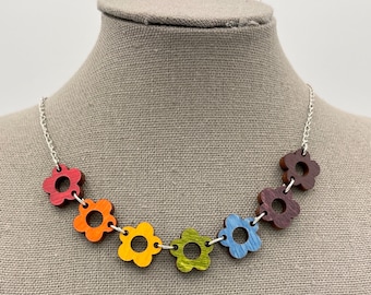 Rainbow Daisy Chakra Necklace Roy G. Biv Tiny Flowers Colorful Stainless Steel Chain