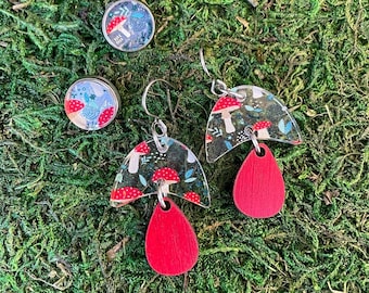 Mushroom Dangle Earrings + Matching Studs Festival Jewelry Wooden, Lightweight Wood and Acrylic with Hypoallergenic Earring Hooks