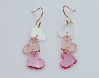 Falling in Love -- Trio Heart Earrings, iridescent, pink, glitter, rose gold, red Acrylic Jewelry with Hypoallergenic Stainless Steel Hooks