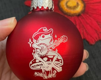 Frog Playing Banjo Red Glass Ball Ornament