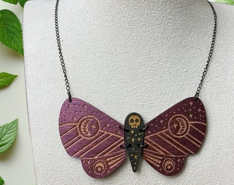 Death Moth Hinged Necklace, Gothic Boho Jewelry, Laser Engraved Celestial Skull, 3.5-inch wood hinged pendant, 20-inch Stainless Steel Chain