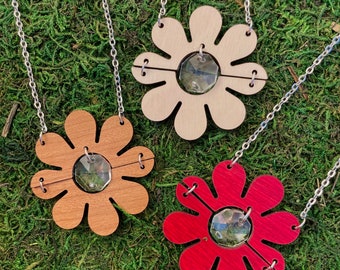 Daisy Necklace, Festival fashion, Boho Style flower pendant with upcycled prism, 18-inch Stainless Steel Chain