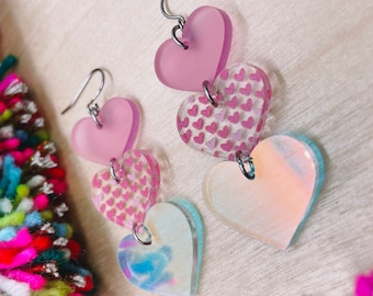 Graduated Trio Heart Earrings, iridescent frosted pink glitter Acrylic and Wood Jewelry with Hypoallergenic Earring Hooks