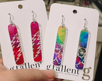 Handmade Colorful Acrylic Earrings – Lightning Bolt or Smiling Bear, Unique Engraved Jewelry