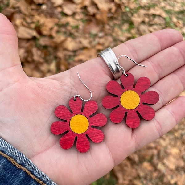 Red Daisy Wooden Dangle Earrings, Lightweight Natural Wood, BMFS Jewelry, Sister Gift, Hypoallergenic Earring