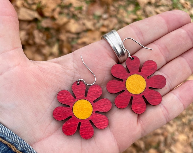 Featured listing image: Red Daisy Wooden Dangle Earrings