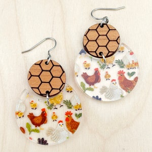 Chicken Themed Wood+Acrylic Dangle Earrings, Jewelry, Farmer, Hens and Chicks, Teacher Gift, Lightweight Hypoallergenic Earring Hooks