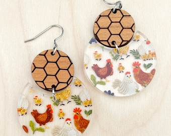 Chicken Themed Wood+Acrylic Dangle Earrings, Jewelry, Farmer, Hens and Chicks, Teacher Gift, Lightweight Hypoallergenic Earring Hooks