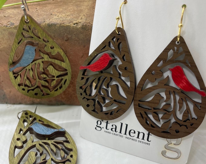 Featured listing image: 3-D Bird Wooden Earrings Dangle Drop Statement Jewelry Inspired by Nature Mother’s Day Gift Laser-Cut Wood Memorial Accessory