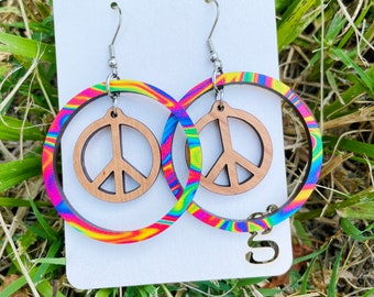 Colorful Peace Hoop Earrings, Festival Fashion, Lightweight Wooden Hoop Jewelry with Hypoallergenic Steel Ear Hooks