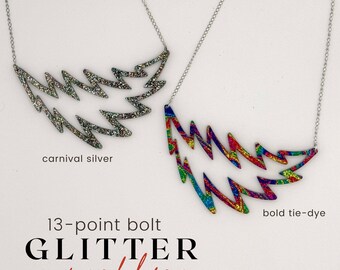 13-point bolt swirled glitter Necklace, sphere ready fashion, curved lightning bolt, Stainless Steel Chain, boob crown