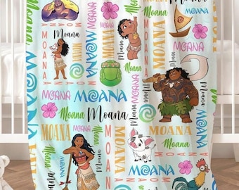 Personalized Watercolor Disney Moana Blanket, Disney Princess Moana 2 Movie Birthday Girl Gift Home Decor Maui Pua Hei Hei Baby Girl Blanket