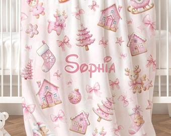 Personalized Watercolor Pink Christmas Blanket, Gingerbread House Stocking Christmas Tree Home Decor, Holiday Custom Name Baby Girl Blanket