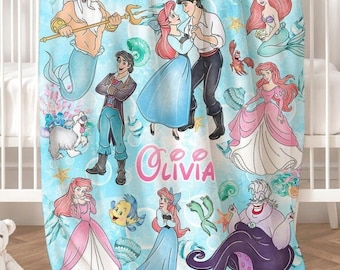 Personalized Watercolor Disney The Little Mermaid Blanket, Disney Princess Ariel Blanket, Baby Girl Mermaid Ariel Birthday Girl Home Decor