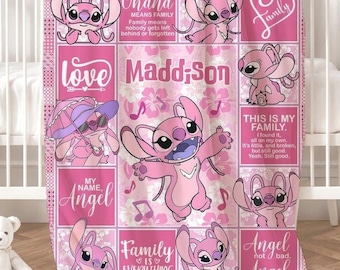 Personalized Watercolor Disney Angel Blanket, Ohana Means Family Lilo & Stitch Angel Birthday Girl Blanket, Baby Name Family Home Decoration