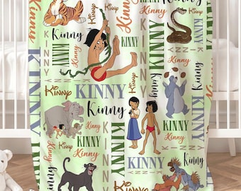 Manta personalizada de acuarela de Disney El libro de la selva, Mowgli Baloo Bagheera Shere Khan, cumpleaños de niño, decoración familiar del hogar del reino animal
