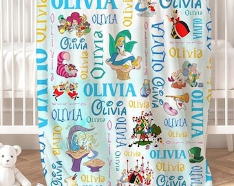 Personalized Disney Alice in Wonderland Blanket, Watercolor Disney Princess Blanket, Alice Birthday Girl Gift Home Decor, Baby Girl Blanket