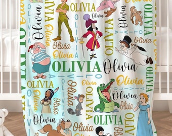Personalized Watercolor Never Grow Up Disney Peter Pan Blanket, Peter Pan Wendy Tinker Bell Neverland, Captain Hook Pirate Family Home Decor