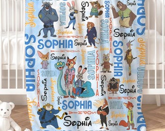 Personalized Disney Zootopia Blanket, Zootopia 2 Movie Judy Hopps Nick Wilde Gary De'Snake Birthday Boy, Birthday Girl, Family Home Decor