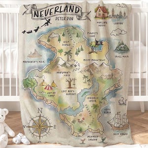 May include: A whimsical map of Neverland, featuring Peter Pan, pirate ships, and various landmarks like Skull Rock, Mermaid Lagoon, and the Lost Boys' Hideout. The map is drawn in a cartoon style with watercolor accents.