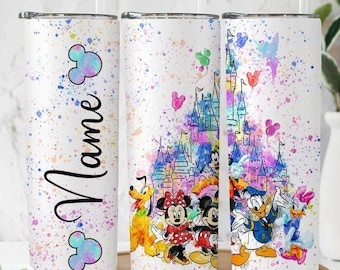 Personalized Watercolor Mickey and Friends Disney Tumbler, WDW Disneyland Castle Family Vacation Coffee Cup, Disney Birthday Trip Gift Mug