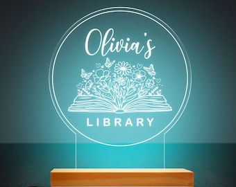 Personalized Floral Books Night Light, Custom Name Library Gift, Bookshelf Book Lovers Home Decoration, Bookish Gift for Reader Room Lamp