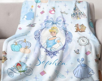Personalized Watercolor Coquette Bows Disney Princess Blanket, Cinderella Rapunzel Belle Princess Birthday Girl Home Decor Baby Girl Blanket