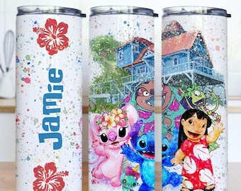 Personalized Watercolor Disney Lilo & Stitch Tumbler, Ohana Means Family Stitch Angel Coffee Cup, Stitch Birthday Boy Birthday Girl Gift Mug